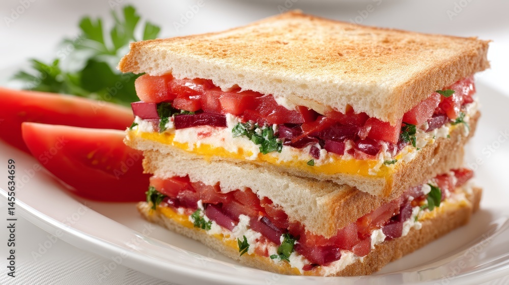 Stacked sandwich features layers of melted cheese, fresh herbs, and tomatoes served on a ceramic plate against a clean white background, perfect for food lovers Stacked sandwich features layers of melted cheese, fresh herbs, and tomatoes served on a ceramic plate against a clean white background, perfect for food lovers