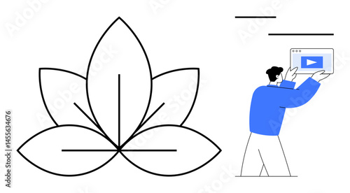 Lotus flower icon representing harmony paired with a person holding a video player window. Ideal for mindfulness, wellness, learning, yoga, self-improvement, motivation, simple landing page