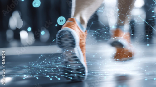 Runner in motion with biomechanics analysis, showcasing dynamic movement and technology integration