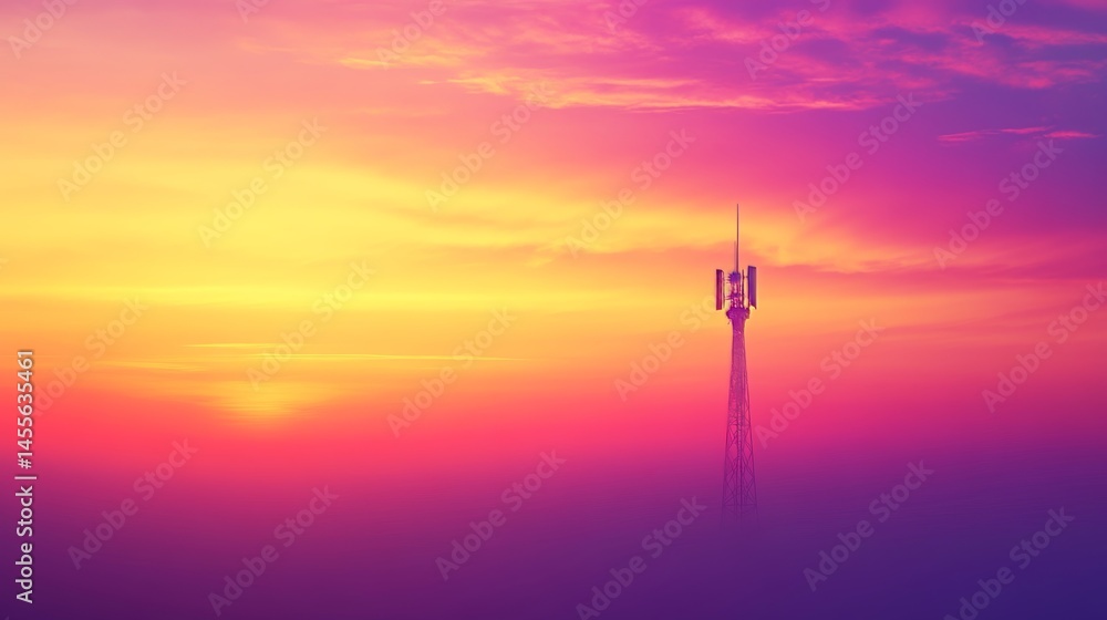 Obraz premium Sunset Over a Communication Tower With Vibrant Colors in the Sky Indicating the Transition From Day to Night