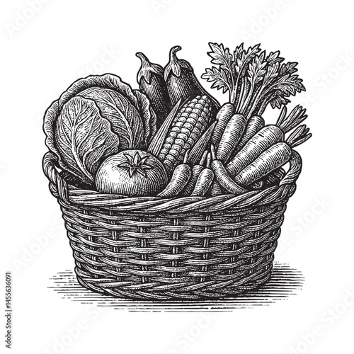 Basket of Vegetables engraving woodcut illustration