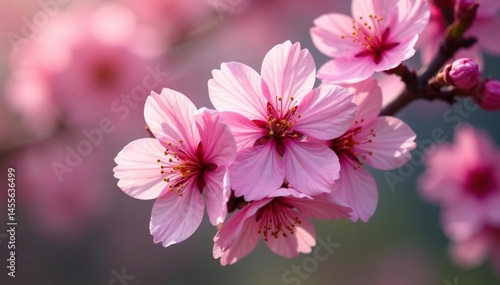 Vibrant full bloom sakura, overlapping petals, lush branch detail, background, branch, lush