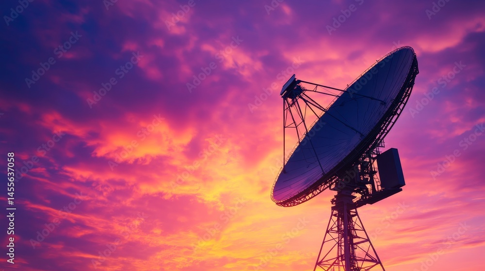 Sunset Over Radio Telescope Transmitting Signals Into the Sky, Showcasing Technological Marvels in Remote Location During Twilight Hours Sunset Over Radio Telescope Transmitting Signals Into the Sky, Showcasing Technological Marvels in Remote Location During Twilight Hours