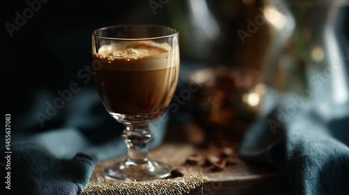 Creamy coffee liqueur served in a glass, oblation a rich, indulgent crapulence