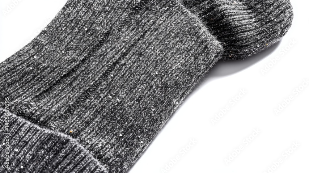 Fototapeta premium Close-up of soft gray woolen socks showcasing cozy textures, isolated against a white background. Ideal for home comfort themes and relaxation purposes