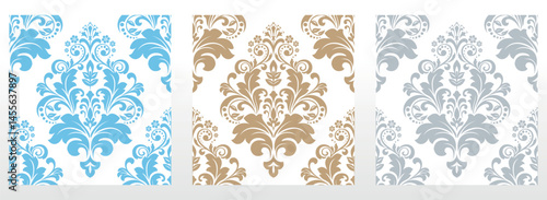 Wallpapers in the style of Baroque.. Set of colored floral ornaments. Seamless vector backgrounds Graphic patterns for fabric, wallpaper, packaging. Ornate Damask flower illustration