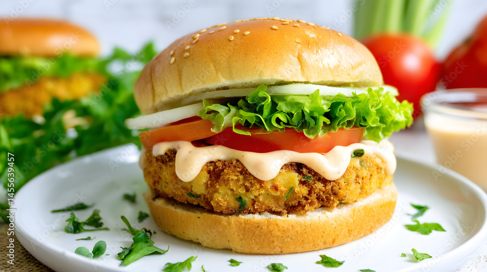 Spiced Breaded Paneer Patty Burger Layered with Fresh Vegetables and Creamy Sauce on a Sesame Seed Bun Spiced Breaded Paneer Patty Burger Layered with Fresh Vegetables and Creamy Sauce on a Sesame Seed Bun