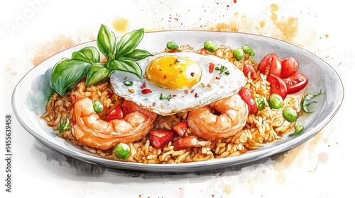 Fried rice with shrimp and egg watercolor painting