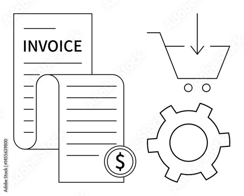 Invoice document beside a dollar coin, shopping cart with downward arrow, and gear cog. Ideal for e-commerce, payment systems, automation, business finance, online shopping, workflow simple landing