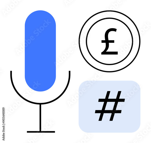 Microphone icon for voice input, a British pound currency symbol, and a metadata tag in simple shapes. Ideal for technology, communication, finance, social media, modern UI, branding and a simple