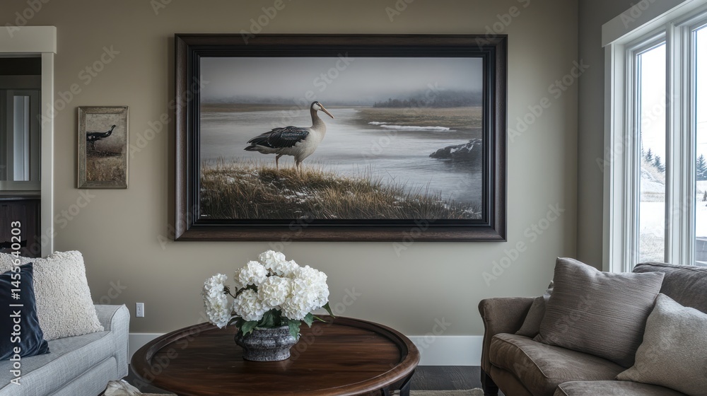 Fototapeta premium Wading bird in misty winter landscape painting