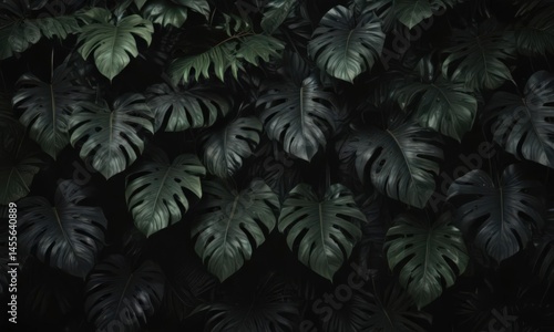 Dark, lush tropical leaves on black background, jungle, plant
