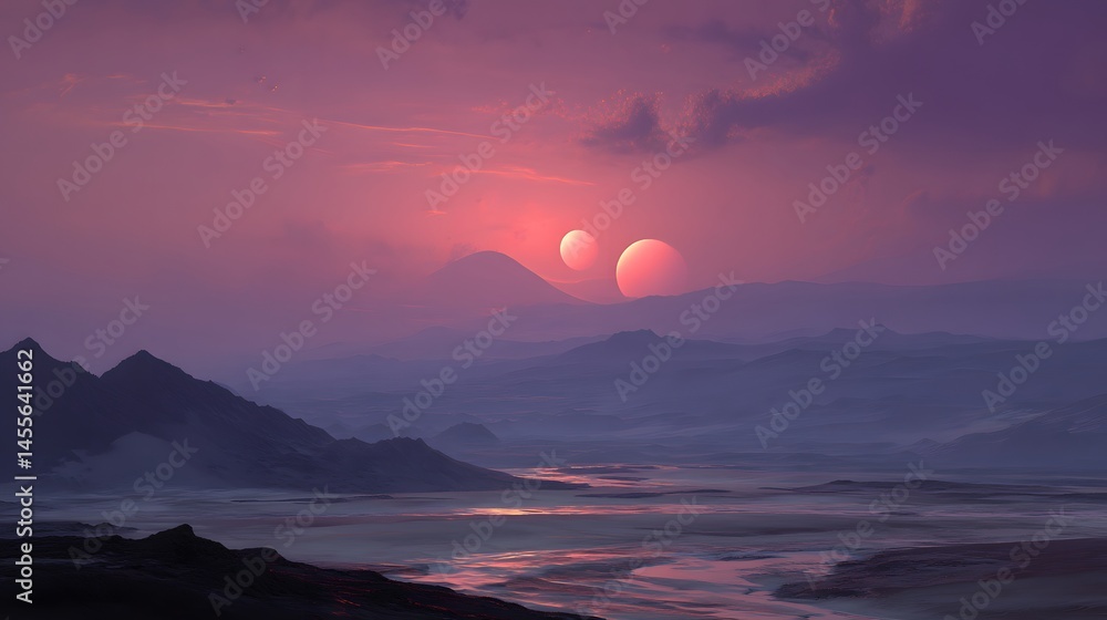 Naklejka premium Fantasy Landscape with Twin Suns Setting Over Misty Mountains and Reflecting in a Serene River Scenery Nature Background Wallpaper