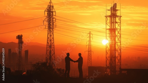 Sunset Collaboration Between Two Professionals Amidst Power Lines in an Urban Landscape Setting