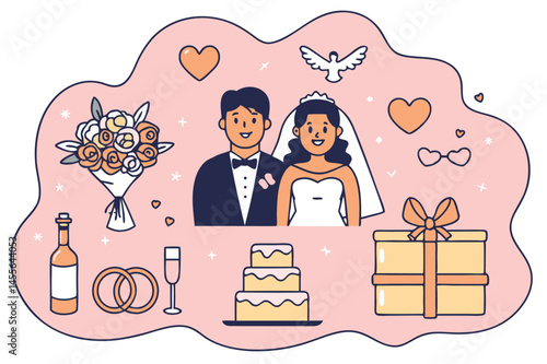 romantic couple, heart symbols, wedding decorations, hand-drawn art style, 2d illustration, minimalist style, pastel colors, 
