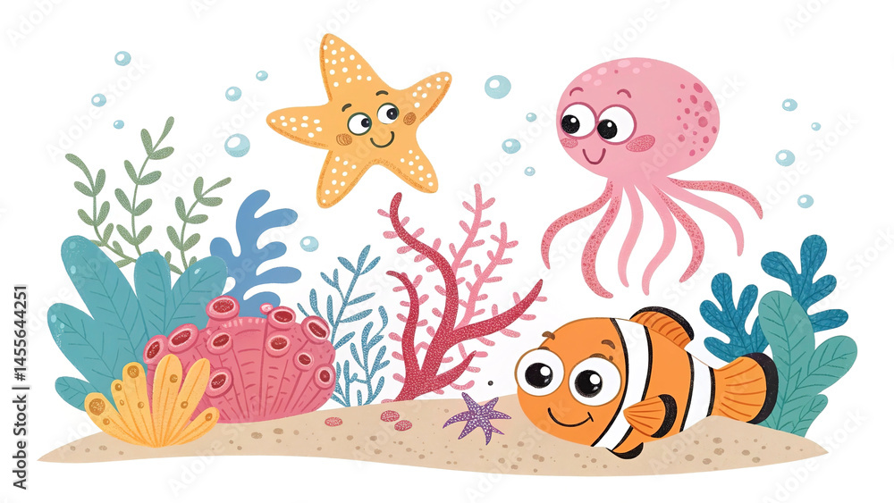 Fototapeta premium Bright sea creature icons—starfish, squid, coral, clownfish—flat style clipart on white.