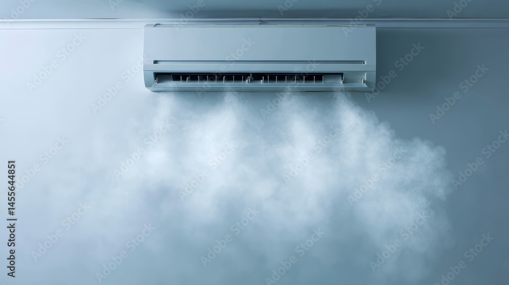 A wall-mounted cooling unit emits gentle streams of mist, enhancing airflow in a spotless minimalist space, ideal for modern interiors and comfort A wall-mounted cooling unit emits gentle streams of mist, enhancing airflow in a spotless minimalist space, ideal for modern interiors and comfort