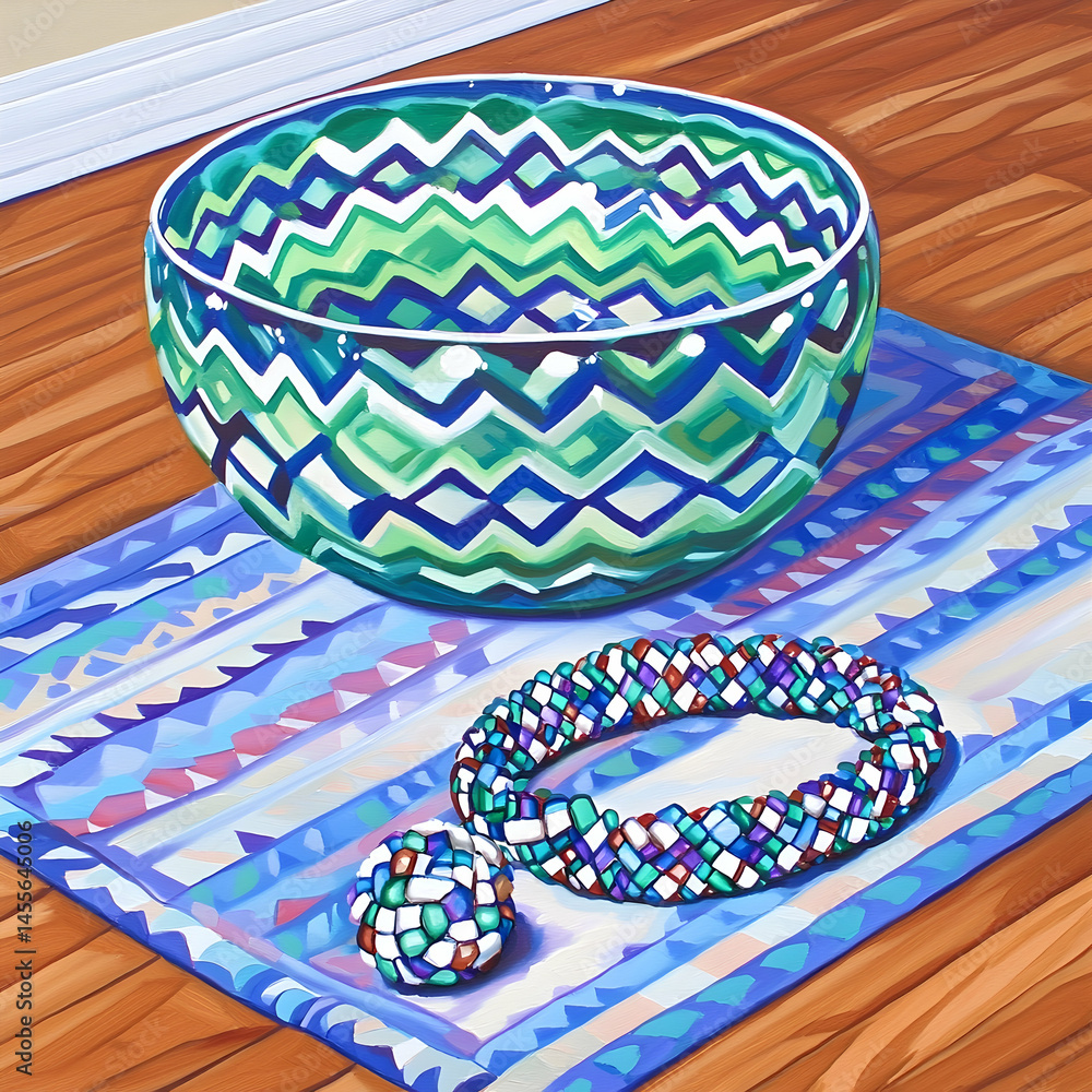 Fototapeta premium Colorful pet bowl and toys on a rug, hardwood floor background; perfect for pet product websites or blogs