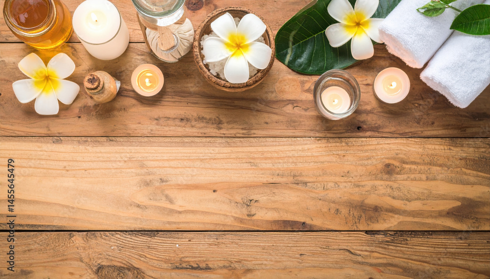 Fototapeta premium Natural spa setting with wellness items and ritual candles on wooden surface creating calming atmosphere for relaxation and self care