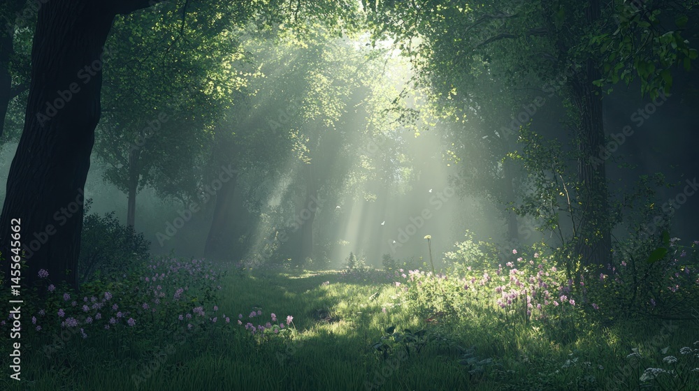 Obraz premium Sunlit glade revealing a peaceful forest scene during the ethereal dawn