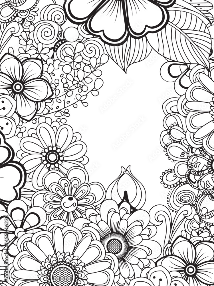 Hand Drawn Floral Zentangle Style Vertical Frame Hand Drawn Floral Zentangle Style Vertical Frame