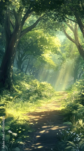Sunlit forest path with lush greenery