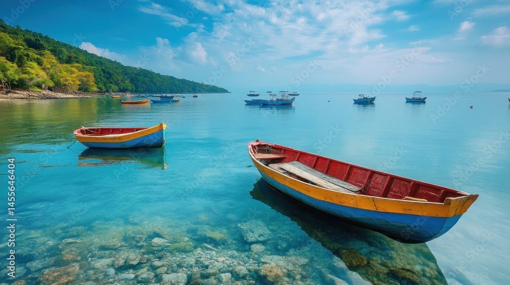 Tranquil waters, colorful boats resting near a tropical green shoreline Tranquil waters, colorful boats resting near a tropical green shoreline