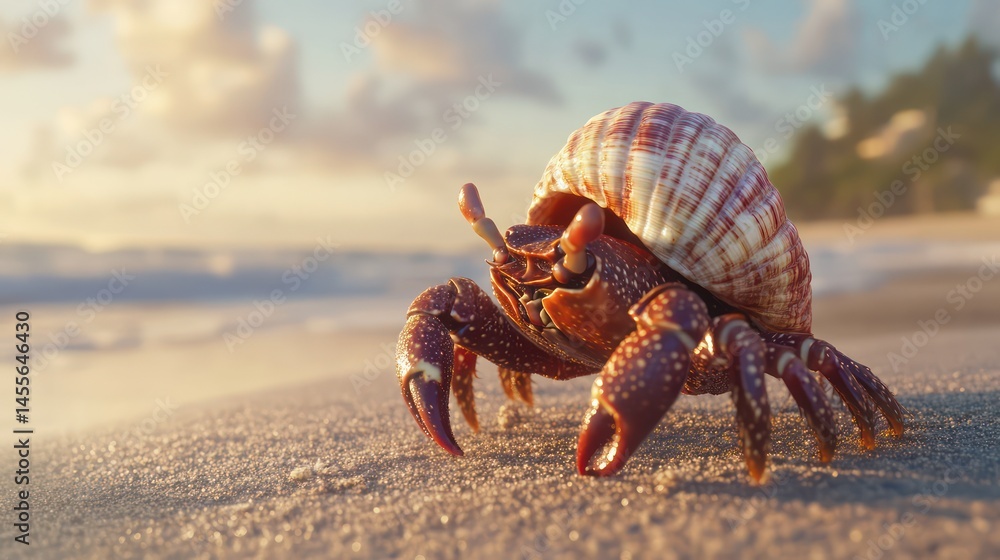 Hermit crab on sandy beach at sunrise Hermit crab on sandy beach at sunrise