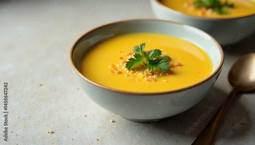 Close-up, bowl of creamy soup, minimalist setting, texture, white, culinary