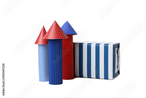 Obraz na płótnie PNG, Paper fireworks with a gift, isolated on white background w salonie
