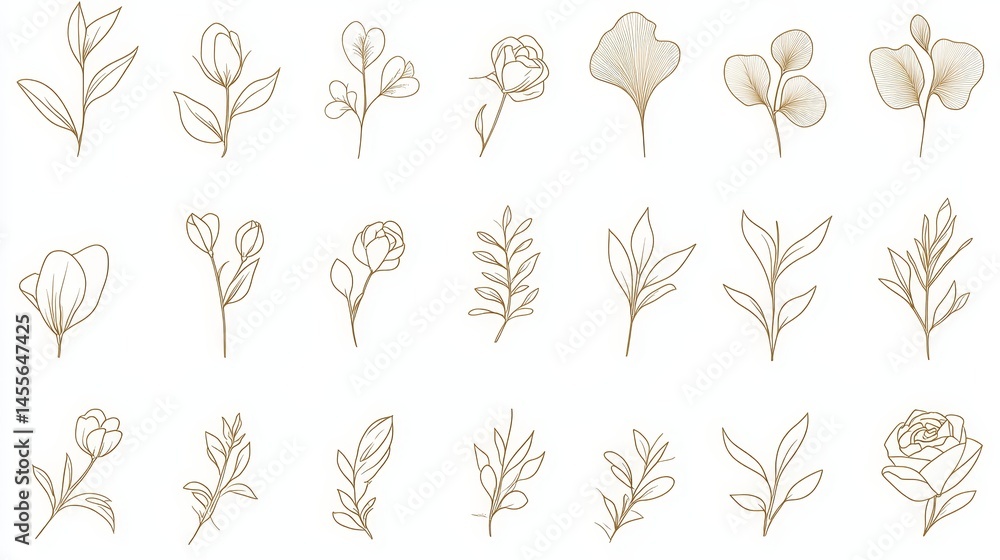 Fototapeta premium Botanical Illustrations of Various Flower Blossoms and Leaves on a Muted Background Showcasing Intricate Line Art Details