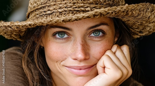 Smiling woman with blue eyes wearing a straw hat, resting her chin on her hand