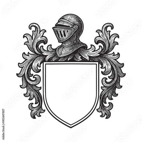 Knight Heraldic Crest Coat of Arms blank Shield woodcut engraving vector illustration