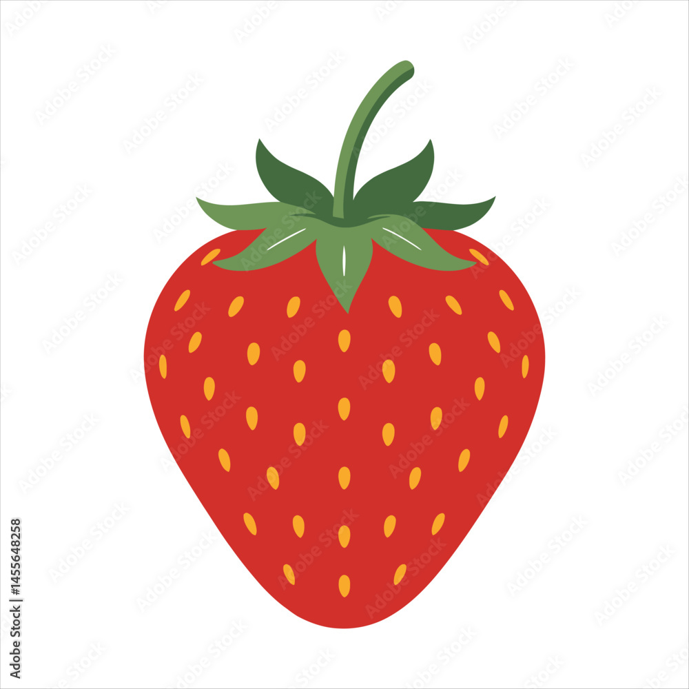 Simple flat vector illustration of a ripe red strawberry with green leaves and stem. Simple flat vector illustration of a ripe red strawberry with green leaves and stem.