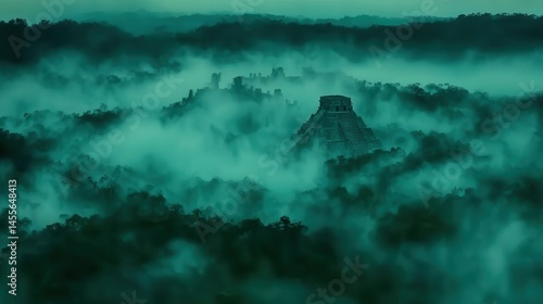 Mysterious ancient pyramid shrouded in atmospheric mist ethereal landscape nature exploration travel destination historical site