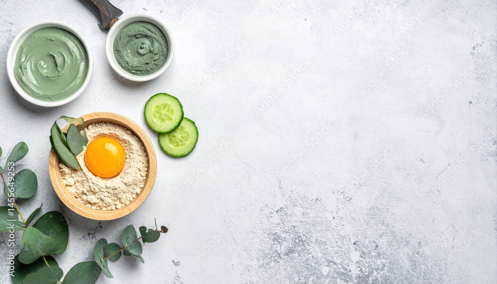 Homemade Face Mask Ingredients Flat Lay Featuring Egg Yolk Clay Cucumber and Eucalyptus Homemade Face Mask Ingredients Flat Lay Featuring Egg Yolk Clay Cucumber and Eucalyptus