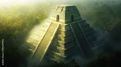 Ancient Mayan pyramid shrouded in jungle mist evokes mystery and historical wonder in cinematic vista