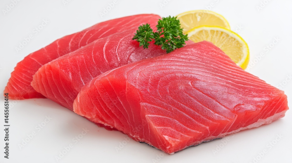 Fresh Red Tuna Sashimi with Lemon and Parsley on White Background Fresh Red Tuna Sashimi with Lemon and Parsley on White Background
