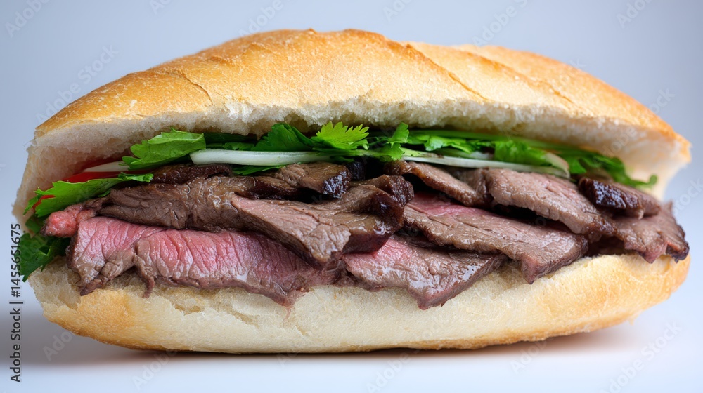 Grilled Beef Banh Mi Sandwich with Lettuce and Tomato on White Background Grilled Beef Banh Mi Sandwich with Lettuce and Tomato on White Background