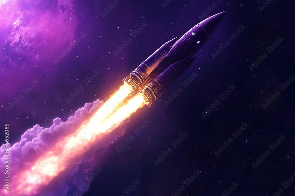 A futuristic rocket launches into a vibrant purple nebula, leaving a trail of fiery exhaust in space A futuristic rocket launches into a vibrant purple nebula, leaving a trail of fiery exhaust in space