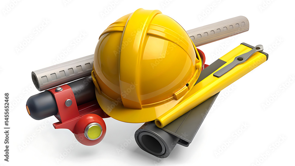 Fototapeta premium Construction tools including hard hat roller and shovel for work zone