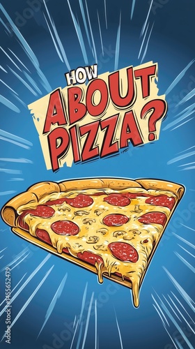 Comic style pepperoni pizza slice with melting cheese and retro pop art background
