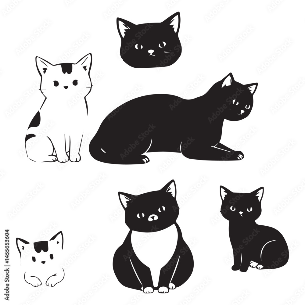 Minimalist cats drawing set. Cat doodles in abstract hand drawn style, black and white line art vector illustration Minimalist cats drawing set. Cat doodles in abstract hand drawn style, black and white line art vector illustration