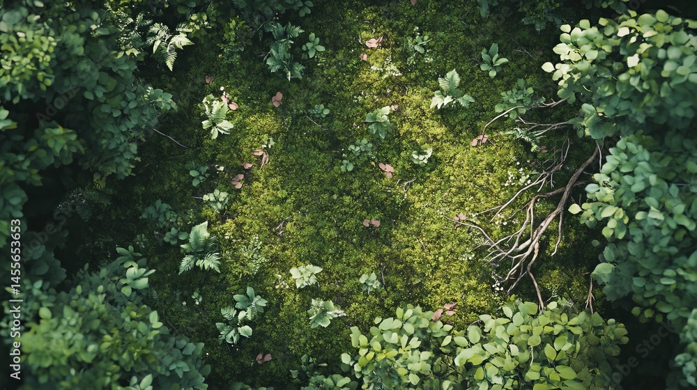 Fototapeta premium Soft Sunlight Filters Through Leaves Onto a Green Mossy Ground in a Serene Forest Glade During a Calm Early Morning