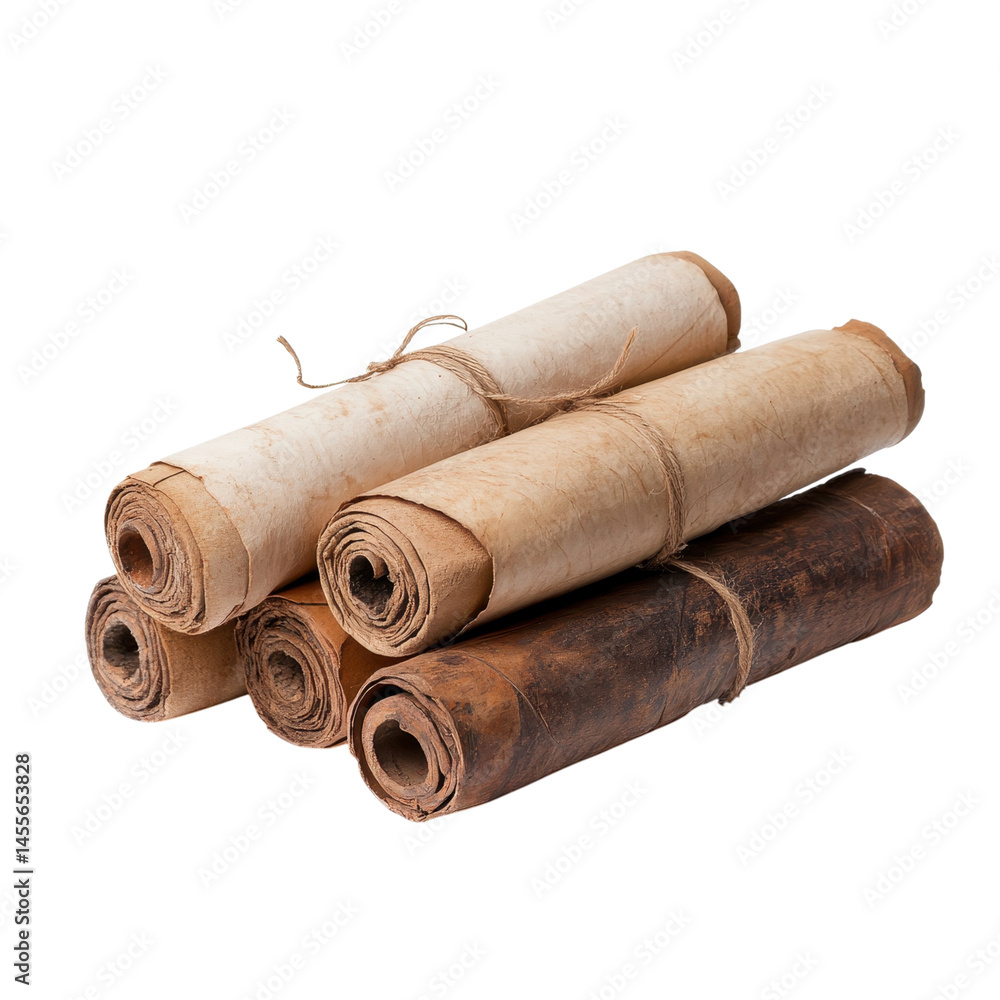 Ancient scrolls in three rolled forms isolated on a white background representing historical manuscripts and texts. Ancient scrolls in three rolled forms isolated on a white background representing historical manuscripts and texts.