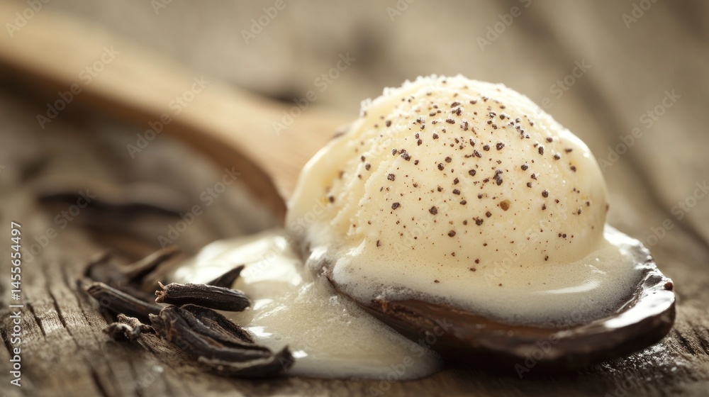 Fototapeta premium Melting vanilla ice cream scoop on rustic wooden spoon