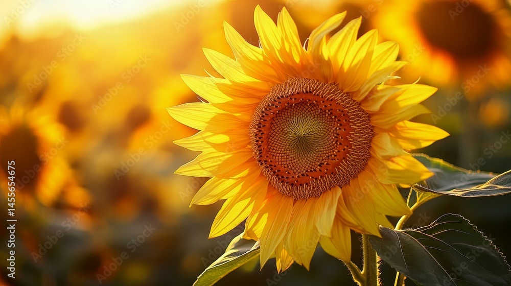 Fototapeta premium Bright Sunflower Blooming in a Golden Field During Sunset Captures the Beauty of Nature's Colors and Textures in Summer