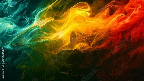 video of Abstract background featuring smoke curves and waves in reggae flag colors: green, yellow, and red