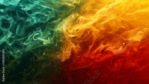 video of Abstract background featuring smoke curves and waves in reggae flag colors: green, yellow, and red