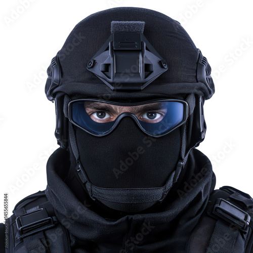 Man in black uniform representing covert operations isolated on bright clean white background.